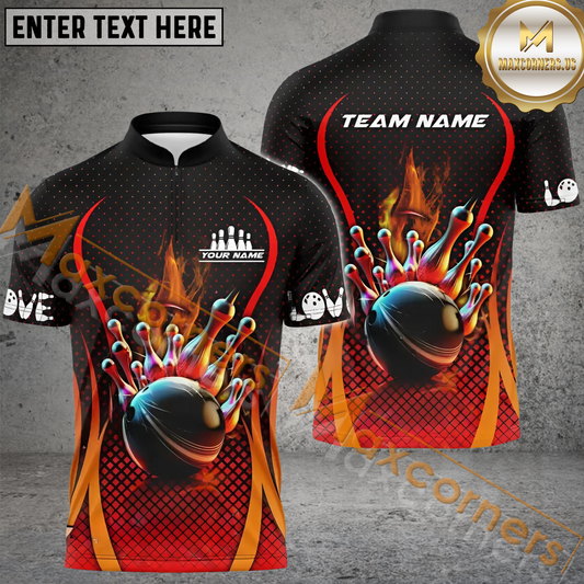 Maxcorners Ball And Pins Fire Dot Pattern Bowling Jersey Multicolor Customized Name, Team Name 3D Polo Shirt