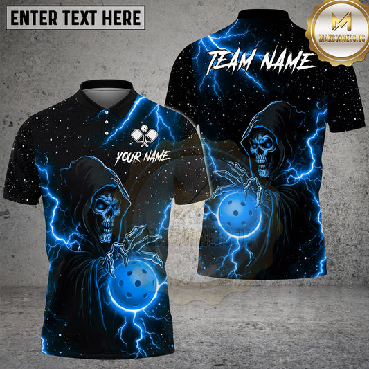 Maxcorners Pickleball Polo Lightning Grim Reaper Skull Multiple Options Personalized Name, Team Name 3D Shirt