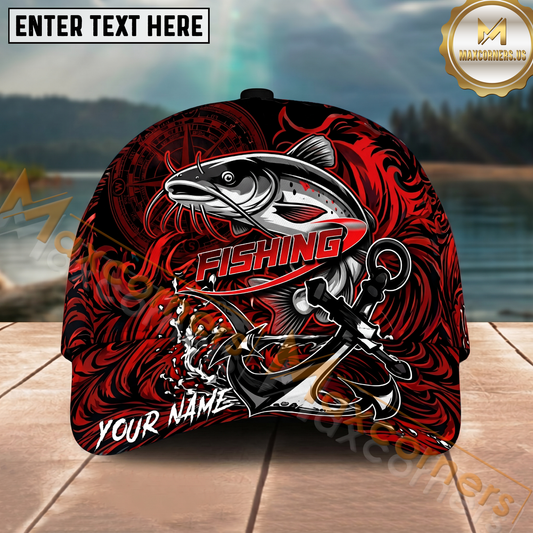 Maxcorners Fishing Red Black Anchor Compass Personalized Name 3D Cap (12 Fish Species)