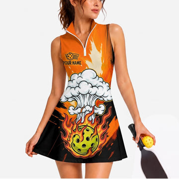 Maxcorners Pickleball Sleeveless Zipper Sports Dress Set Orange Storm Cloud Fireball Personalized Name 3D Sleeveless Zipper Sports Dress Set