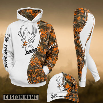 Maxcorners Hunting Deer Head Orange Forest Camo Personalized 3D Combo Hoodie, Legging Set & Cap