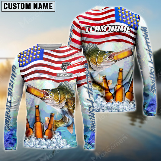 Maxcorners Fishing American Flag Bear Sun Protection Personalized Name, Team Name Long Sleeve Shirt
