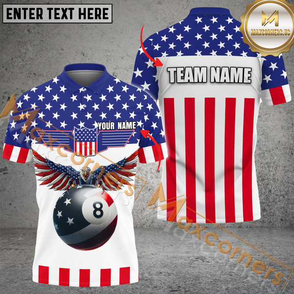 Maxcorners Patriotic Eagle 8-Ball Billiard Jersey Customized Name, Team Name 3D Polo Shirt