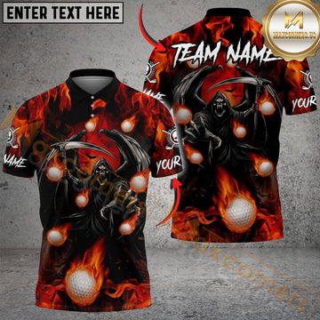 Maxcorners Flaming Reaper Strike Golf Polo Personalized Name, Team Name 3D Shirt (4 Colors)
