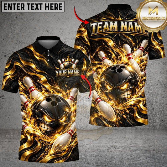 Maxcorners Bowling Evil Smile Golden Swirl Energy Fireball Pins Artwork Multicolor Customized Name, Team Name 3D Shirts
