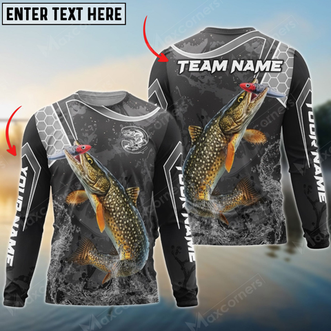 Maxcorners Pike Fishing Gray Camo Sport Personalized Name, Team Name 3D Long Sleeve Shirt