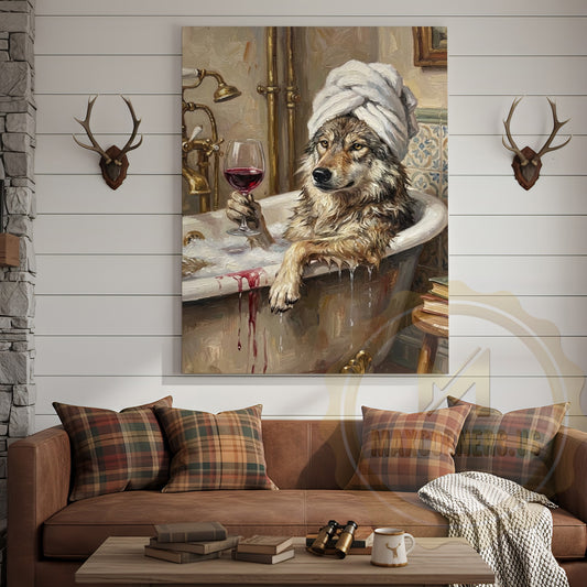 Maxcorners Wolf Bathtub Canvas Wall Art - Luxury Spa Wildlife Humor Decor