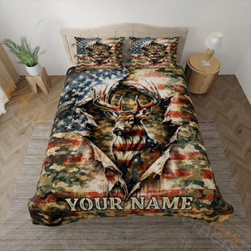 Maxcorners Hunting Deer Skull American Flag Camo Design Bedding Set 3D Print Custom Name