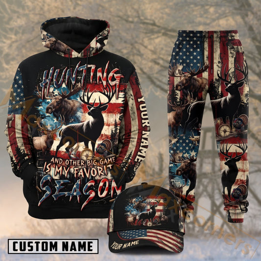 Maxcorners Hunting Wild Game American Flag Patriotic Personalized 3D Combo Hoodie, Sweatpants Set & Cap