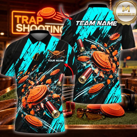 ( 6 Colors ) Maxcorners Trap Clay Shooting Abstract Brush Strokes & Shattered Clay Targets Multicolor Customized Name, Team Name 3D Shirts