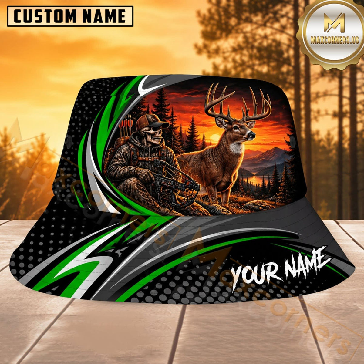Maxcorners Deer Hunting Green Black Racing Stripe Personalized Name 3D Bucket Hat