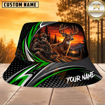 Maxcorners Deer Hunting Green Black Racing Stripe Personalized Name 3D Bucket Hat