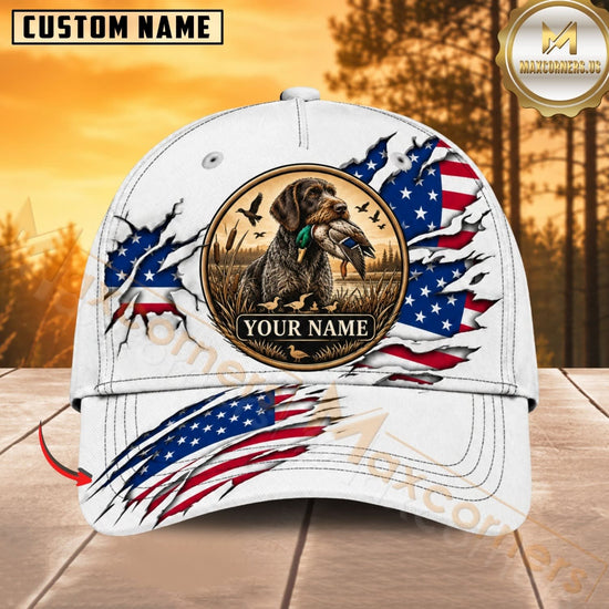 Maxcorners Dog Hunting And Duck White American Flag Hunting Dog Badge Personalized Name 3D Cap