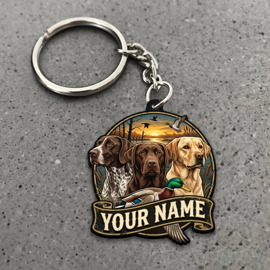 Maxcorners Duck Hunting Three Retriever Dogs Golden Horizon Scene Custom Name Gift 2D Flat Acrylic Ornament, Keychain