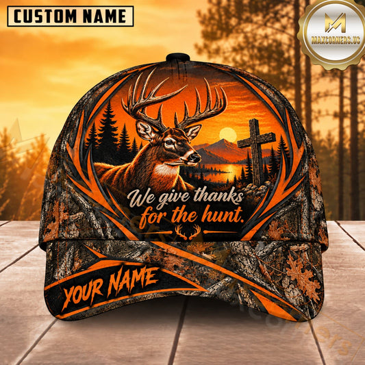 Maxcorners Deer Hunting Whitetail Buck We Give Thanks for the Hunt Orange Camo Customized Name 3D Cap