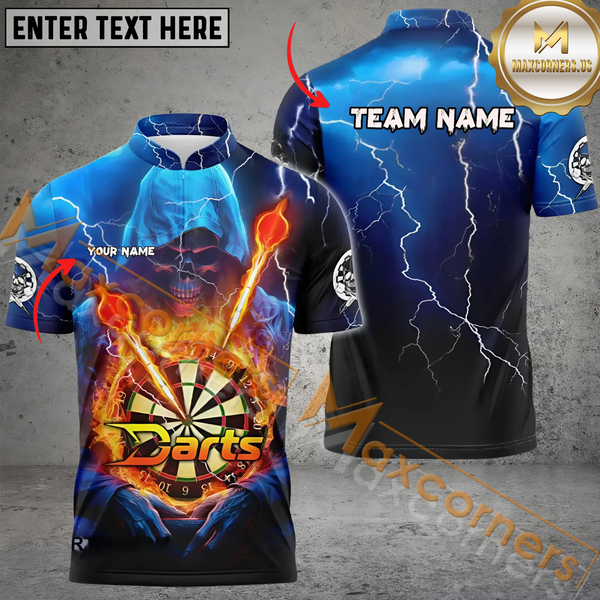 Maxcorners Darts Skull Fire Flame Mutilcolor Option Customized Name, Team Name 3D Polo Shirt