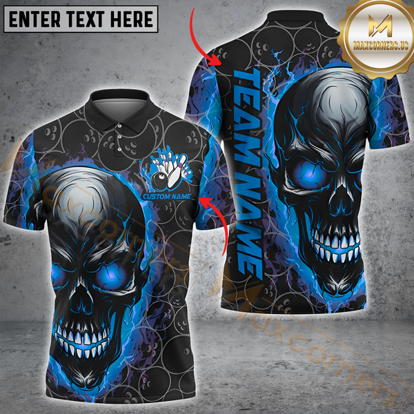 Maxcorners Bowling Fiery Skull Reaper Multicolor Option Customized Name, Team Name 3D Polo Shirt