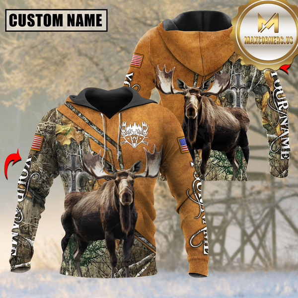 Maxcorners Grass Brown Wilderness Moose Hunting USA Flag Custom Name Shirt 3D All Over Printed Clothes