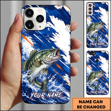 Maxcorners Fishing Blue White Brushstroke Ocean Wave Personalized Name Phone Case (12 Fish Species)