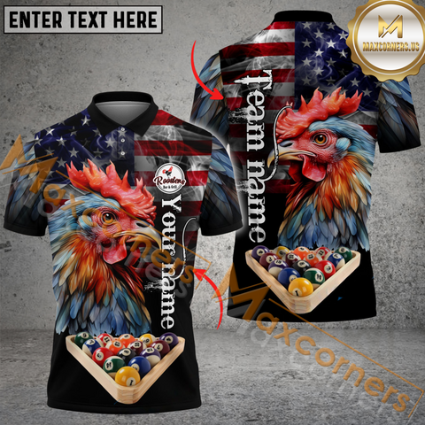 Maxcorners Ball 8 Rack American Rooster Billiard Jersey Customized Name, Team Name 3D Polo Shirt