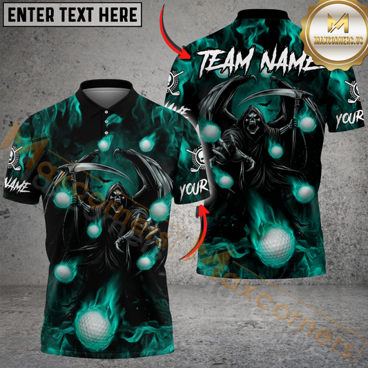 Maxcorners Flaming Reaper Strike Golf Polo Personalized Name, Team Name 3D Shirt (4 Colors)