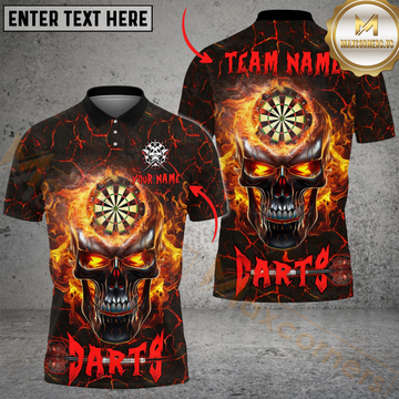 Maxcorners Darts Magma Flame Skull Multicolor Option Customized Name, Team Name 3D Polo Shirt