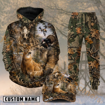 Maxcorners Hunting Whitetail Deer Woodland Forest Camo Personalized 3D Combo Hoodie, Sweatpants Set & Cap