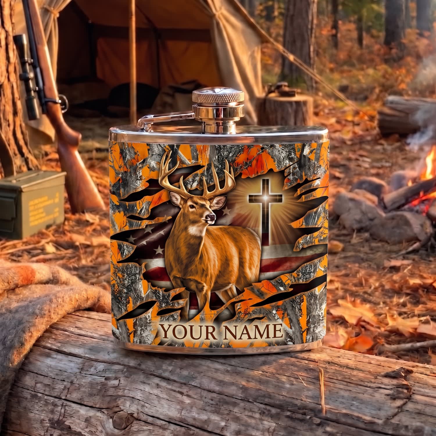 Maxcorners Hunting Whitetail Deer Cross Rustic Woodland Design Personalized Name 3D Hip Flask