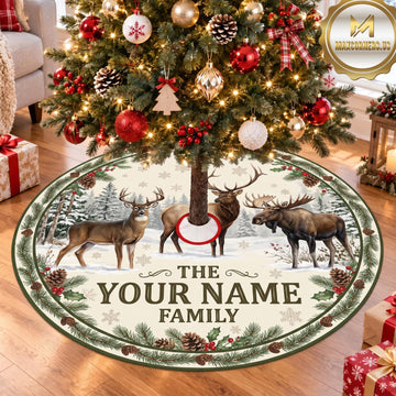 Maxcorners Hunting Deer Family Winter Woodland Personalized Name 3D Christmas Tree Skirt