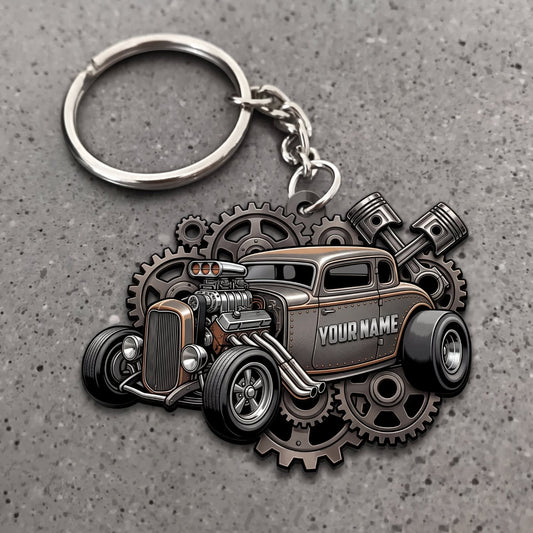 Maxcorners Hot Rod Matte Black Vintage Roadster with Industrial Gear Frame Personalized Name 3D Keychain And Ornament