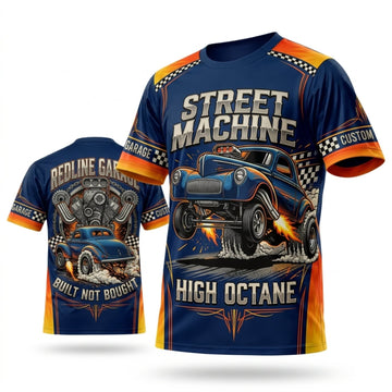 Maxcorners Personalized Car Classic Muscle Car 3D T-Shirt – Street Machine Navy Orange High Octane