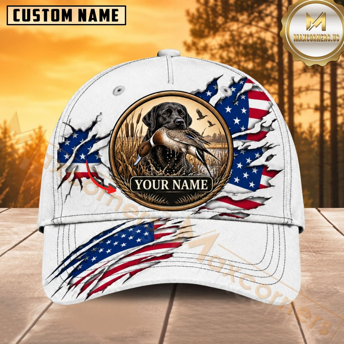 Maxcorners Dog Hunting And Duck White American Flag Hunting Dog Badge Personalized Name 3D Cap