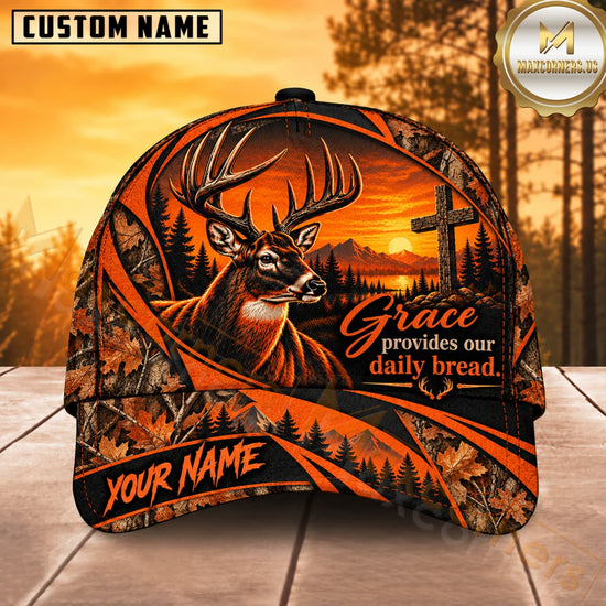 Maxcorners Deer Hunting Whitetail Buck Grace Provides Our Daily Bread Orange Camo Customized Name 3D Cap