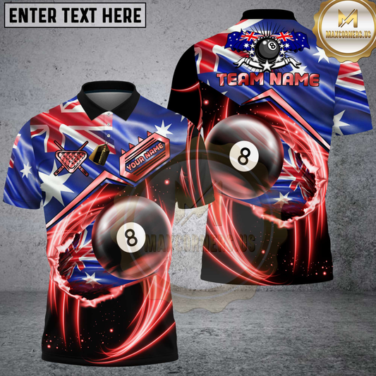 Maxcorners Billiards Australia Flag 8 Ball Red Energy Swirl Personalized Name 3D Unisex Shirt