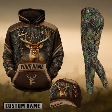 Maxcorners Hunting Buck Deer Brown Forest Camo Personalized 3D Combo Hoodie, Legging Set & Cap