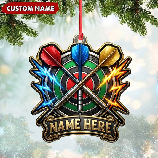 Maxcorners Darts Lover Lightning Bolt Crest, Crossed Darts, Name Plate Personalized Name Ornament 2D Flat