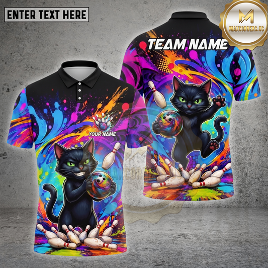Maxcorners Cat Bowling Shirt Color Splash Black Cat Multiple Options Personalized Name, Team Name 3D Shirt