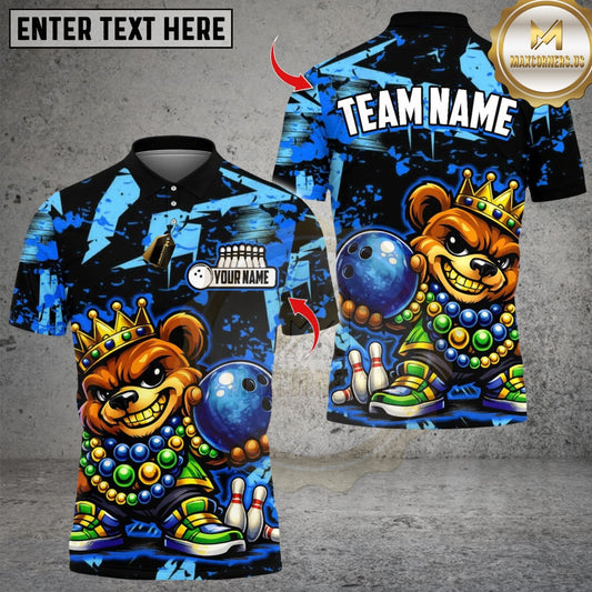 Maxcorners Bowling King Mardi Gras Teddy Bear Multicolor Customized Name, Team Name 3D Shirts