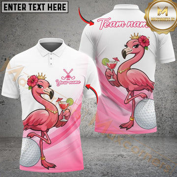 Maxcorners Pink Flamingo Cocktail Golf Polo Customized Name, Team Name 3D Shirts