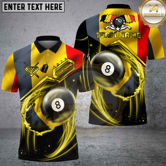 Maxcorners Billiards Belgium Flag 8 Ball Golden Lightning Swirl Personalized Name 3D Unisex Shirt