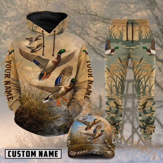 Maxcorners Hunting Flying Ducks Marsh Wetland Camo Personalized 3D Combo Hoodie, Sweatpants Set & Cap