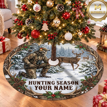 Maxcorners Hunting Bear Deer Snowy Forest Personalized Name 3D Christmas Tree Skirt