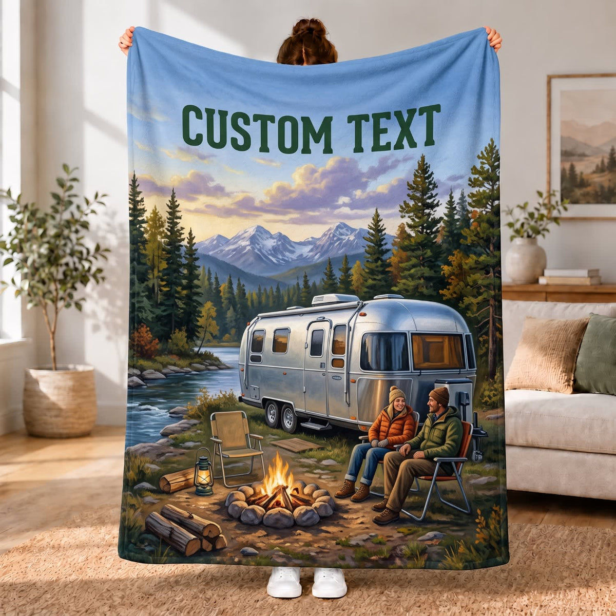 Maxcorners RVs Travel Trailer Mountain Forest Campfire Custom Name 3D Blanket