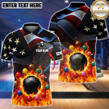 Maxcorners Snooker Black Red American Flag Flaming Ball Personalized Name 3D Unisex Shirt