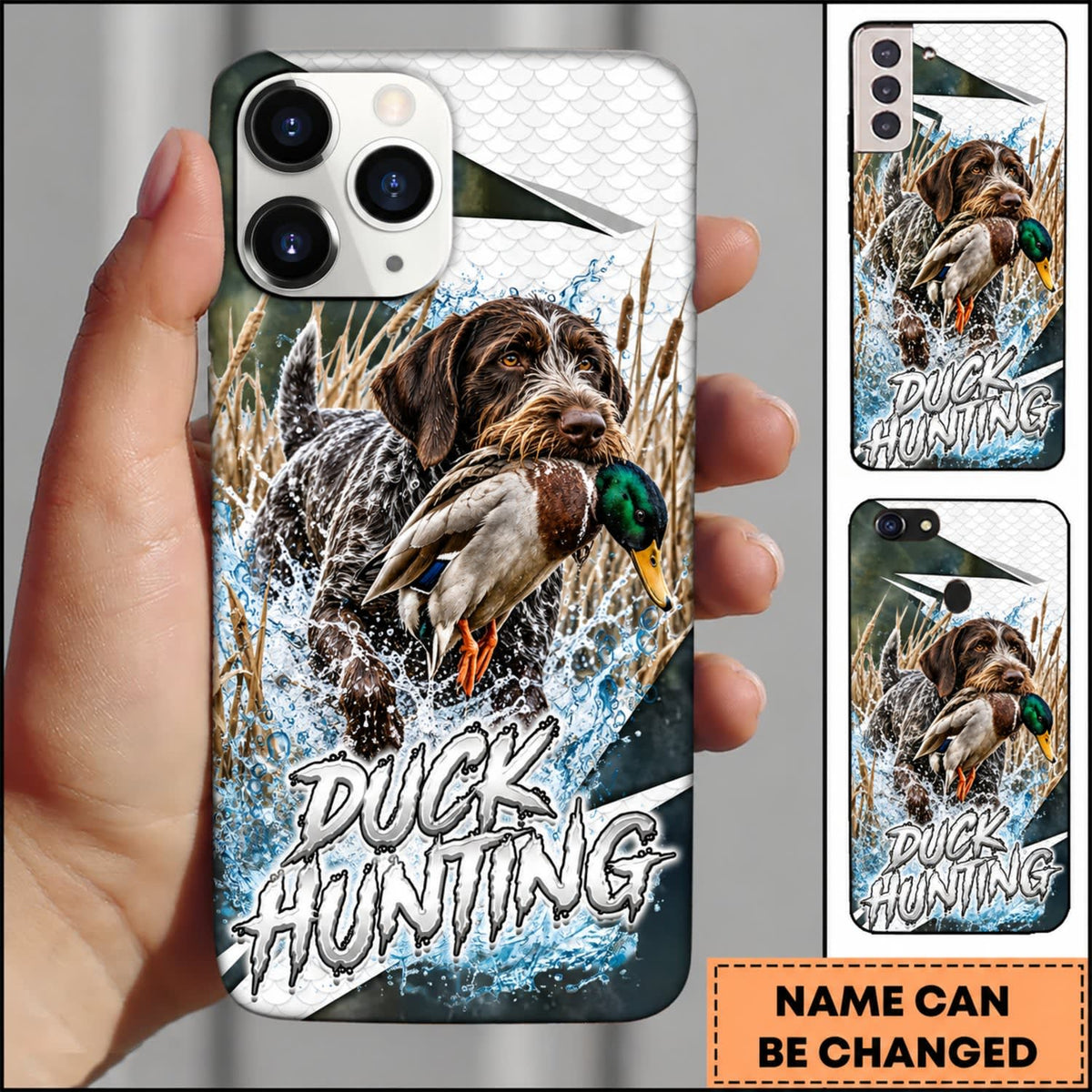 Maxcorners Duck Hunting German Shorthaired Pointer White Blue Water Splash Personalized Name 3D Phone Case - German Wirehaired Pointer