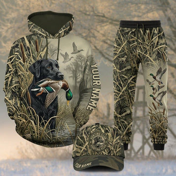 Maxcorners Duck Hunting Black Labrador Flying Ducks Woodland Camo Personalized 3D Shirts