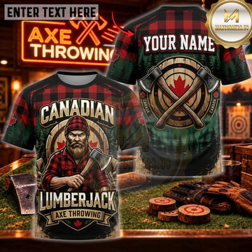 Maxcorners Axe Throwing Canadian Lumberjack Flag Personalized Name 3D Unisex Shirt