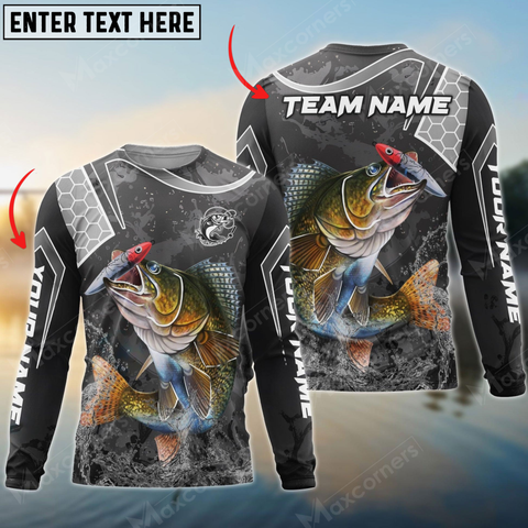 Maxcorners Walleye Fishing Gray Camo Sport Personalized Name, Team Name 3D Long Sleeve Shirt