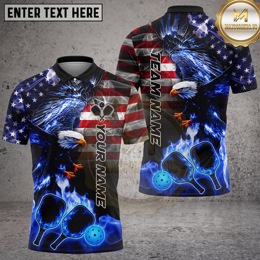 Maxcorners Pickleball Polo Patriotic Eagle Blue Flame Multiple Options Personalized Name, Team Name 3D Shirt