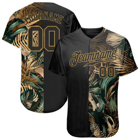 Custom Golden And Green Tropical Leaves Pattern Authentic Baseball Jersey